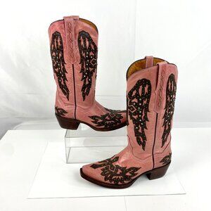 Golden Guns Cowboy Boots Women's 8 US Leather Knee High, Inlay Rhinestones Cross